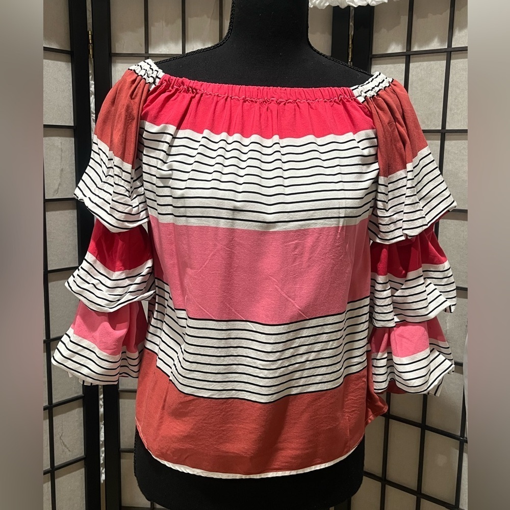 Velvet Heart Bold Pink STRIPE TIERED SLEEVES BLOUSE SIZE XS